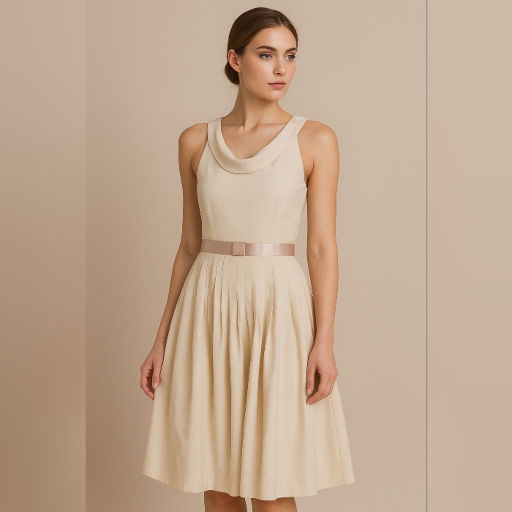 Anthropologie Moulinette Soeurs Cream Pleated Dress 8 Retro Old Money Silk Blend